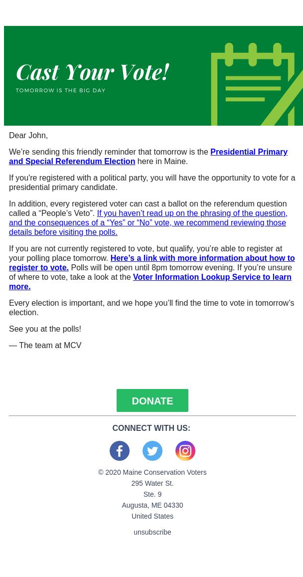 Screenshot of the email generated on import