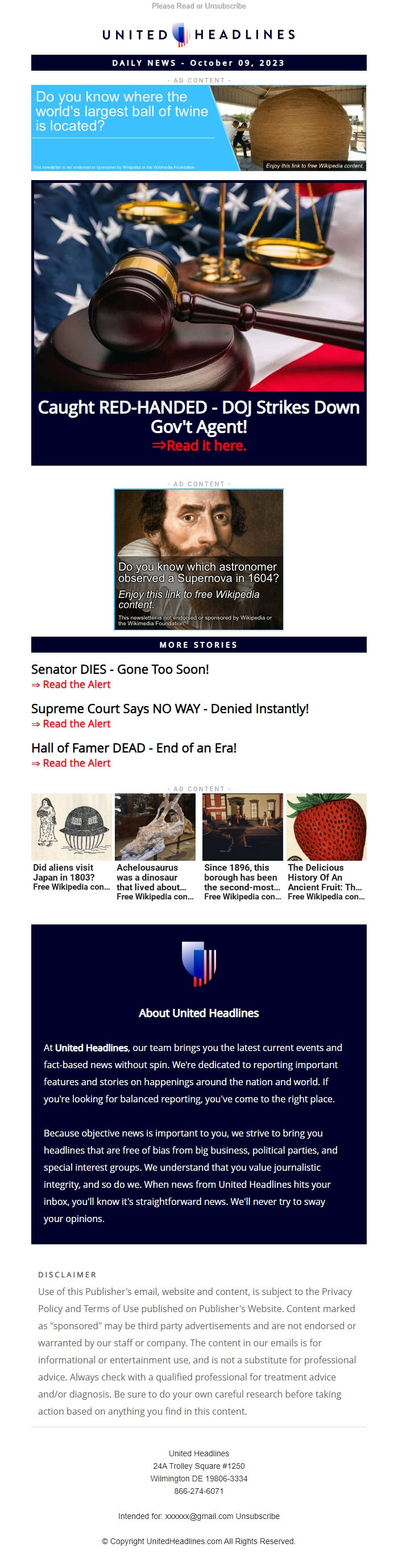 Screenshot of the email generated on import