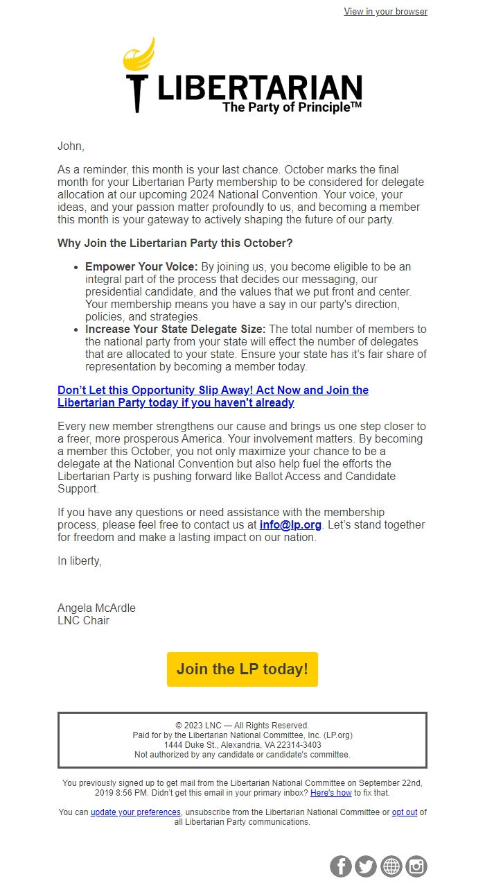 Screenshot of the email generated on import