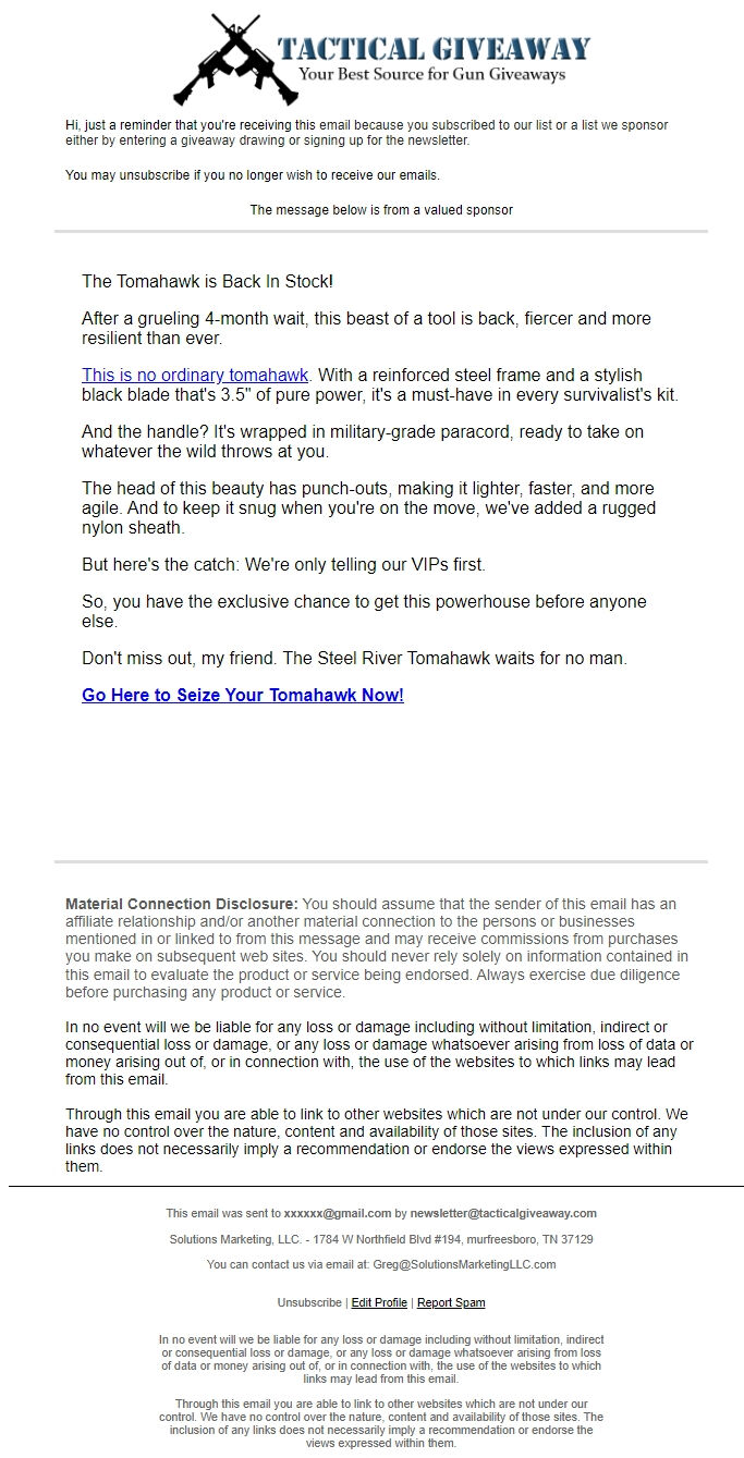 Screenshot of the email generated on import