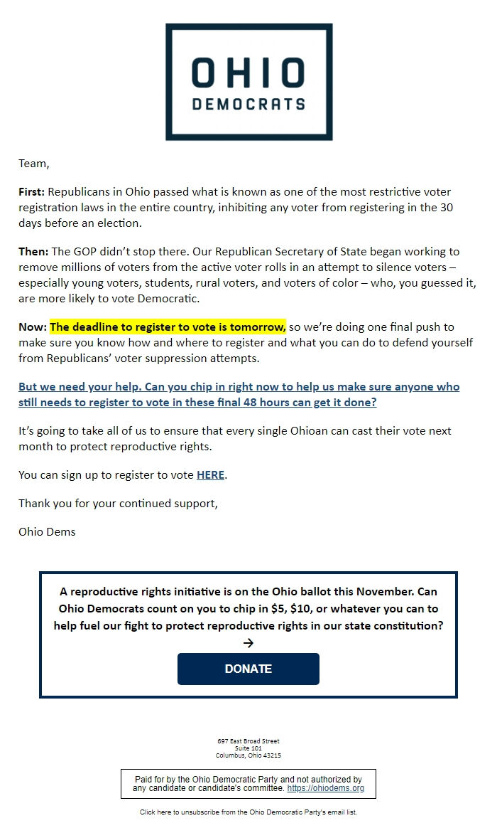 Screenshot of the email generated on import