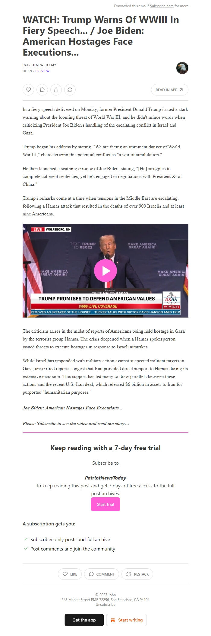 Screenshot of the email generated on import