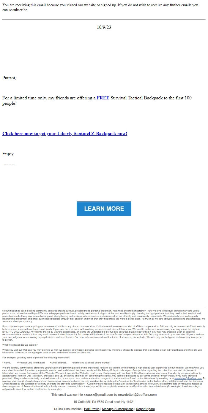 Screenshot of the email generated on import