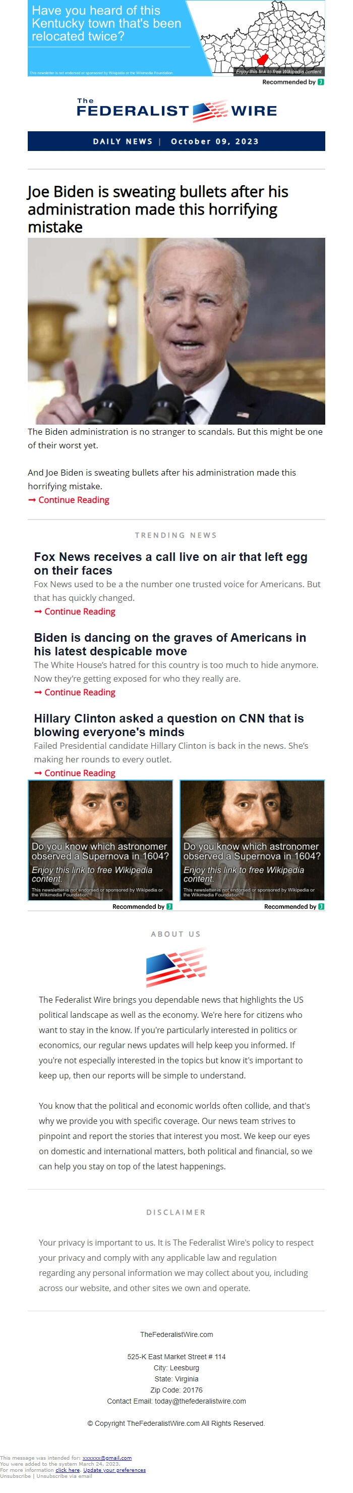 Screenshot of the email generated on import