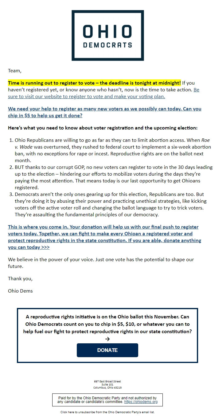 Screenshot of the email generated on import