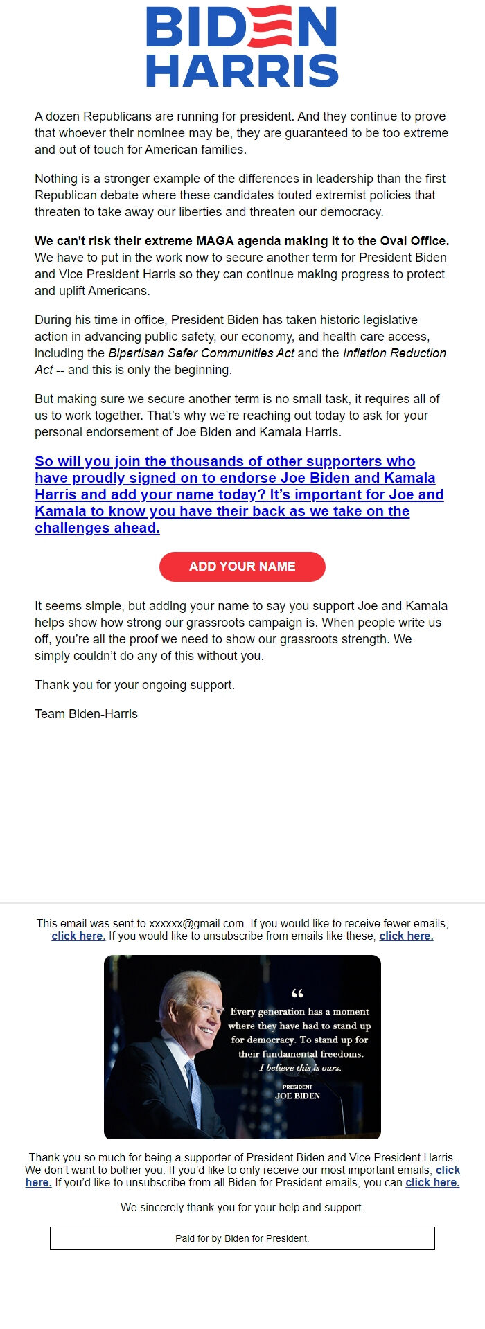 Screenshot of the email generated on import