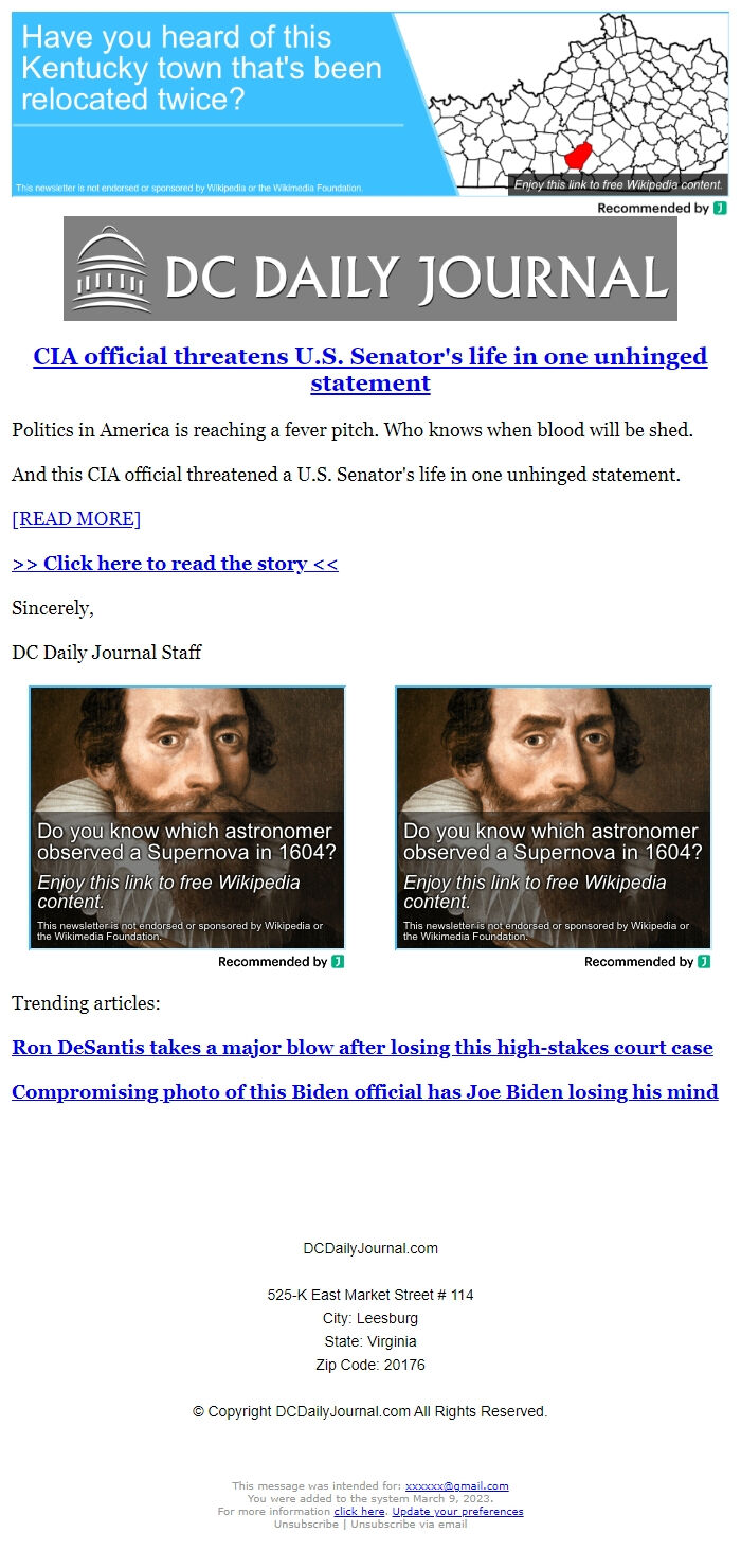 Screenshot of the email generated on import