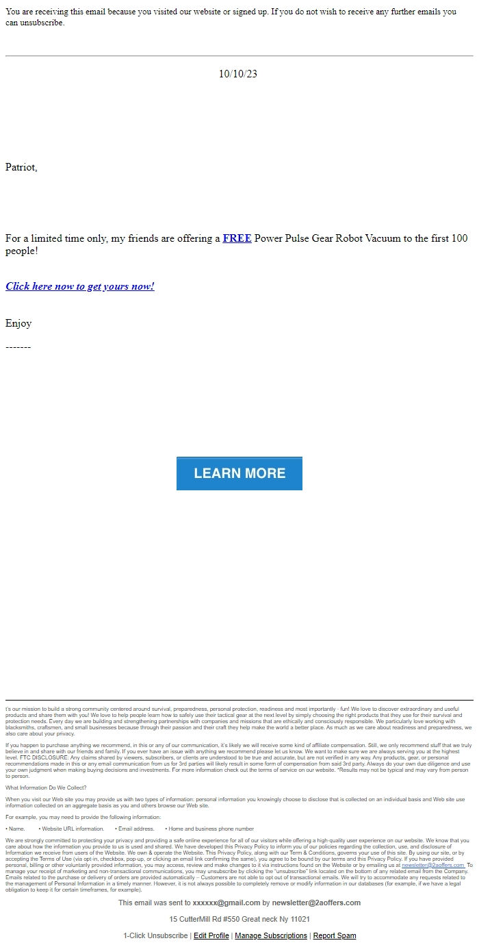 Screenshot of the email generated on import