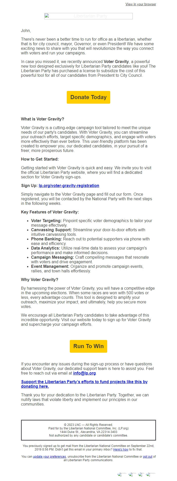 Screenshot of the email generated on import