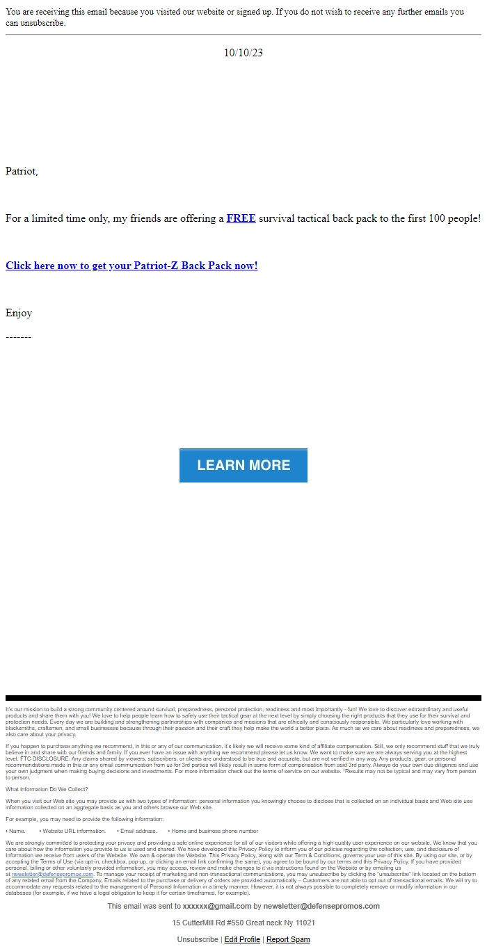 Screenshot of the email generated on import