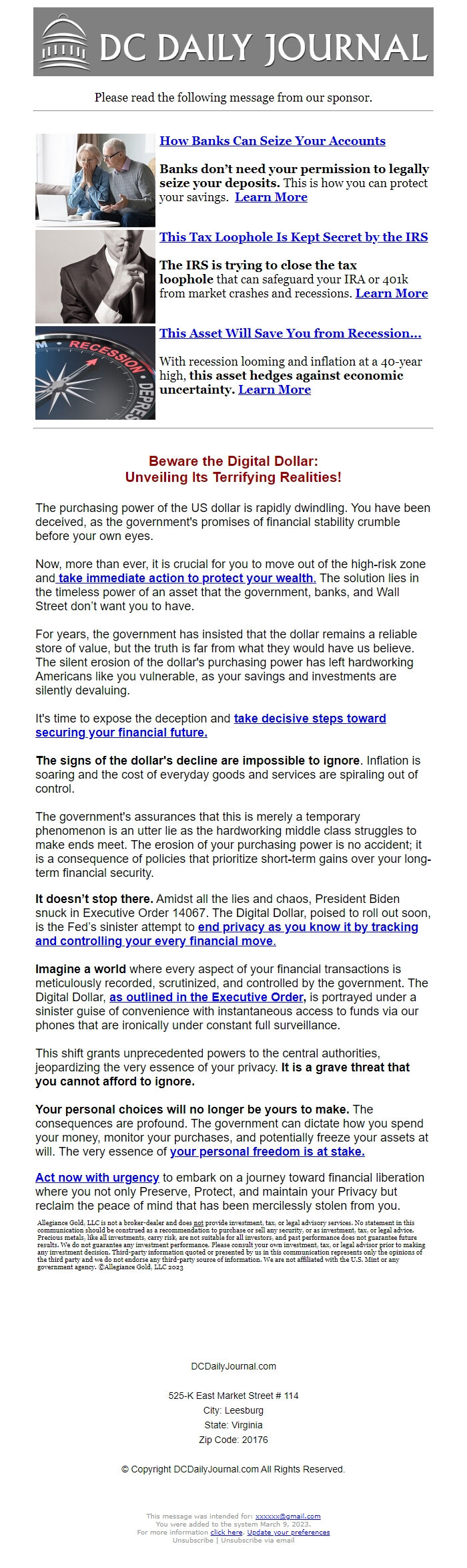 Screenshot of the email generated on import