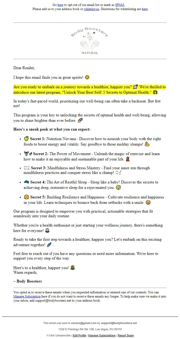 Screenshot of the email generated on import