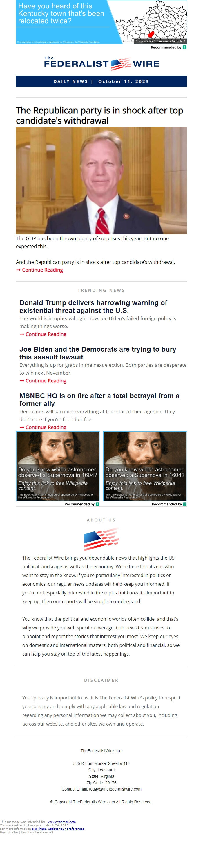 Screenshot of the email generated on import