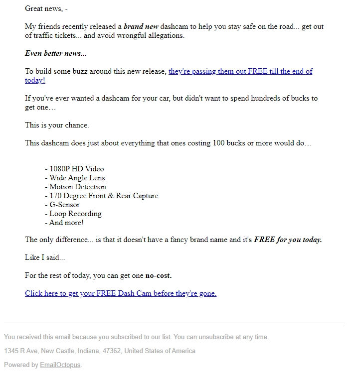 Screenshot of the email generated on import