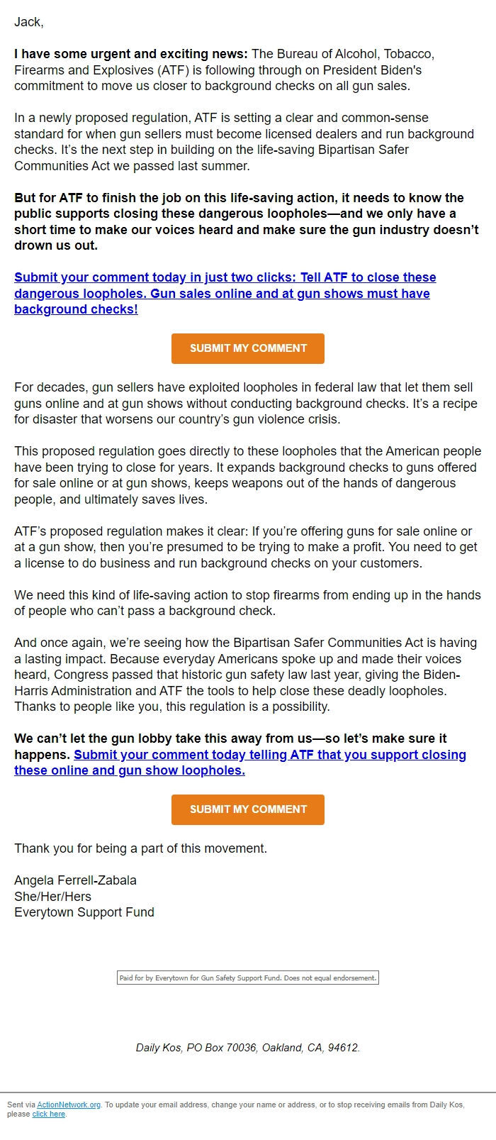 Screenshot of the email generated on import