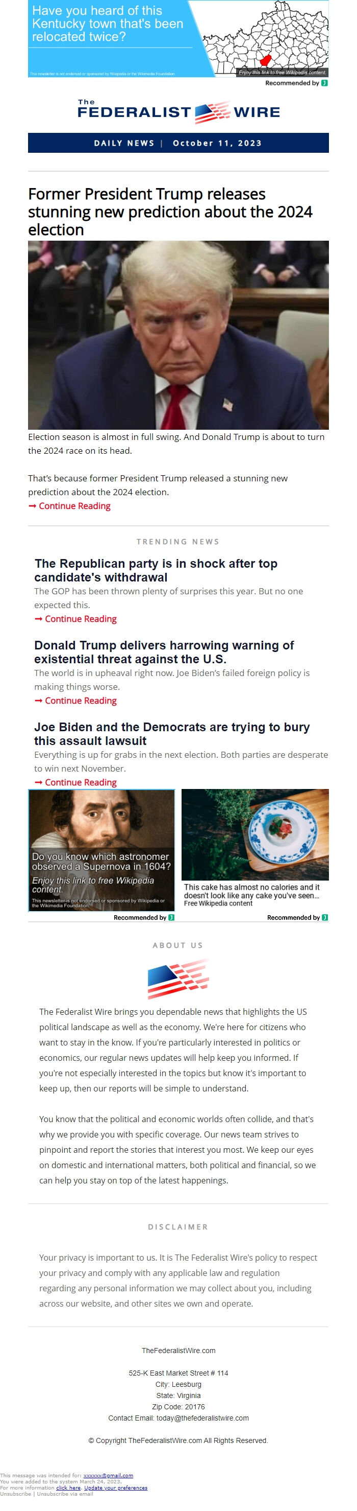 Screenshot of the email generated on import