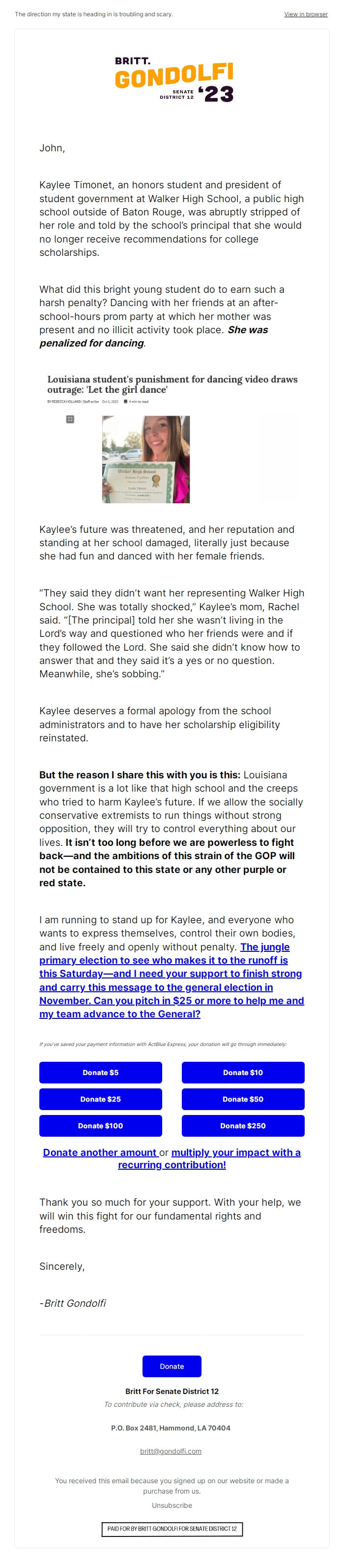 Screenshot of the email generated on import