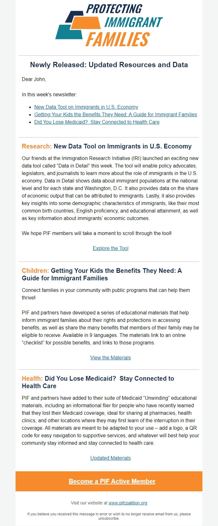 Screenshot of the email generated on import