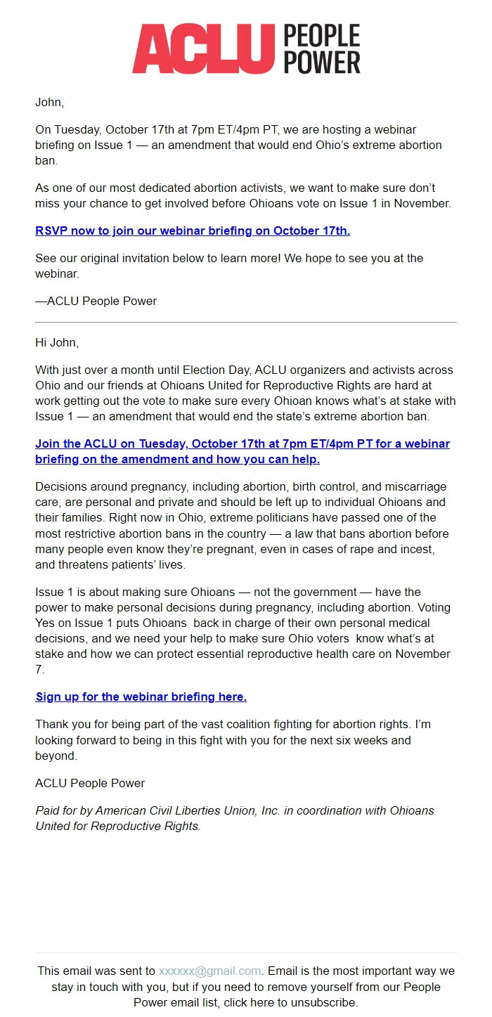 Screenshot of the email generated on import