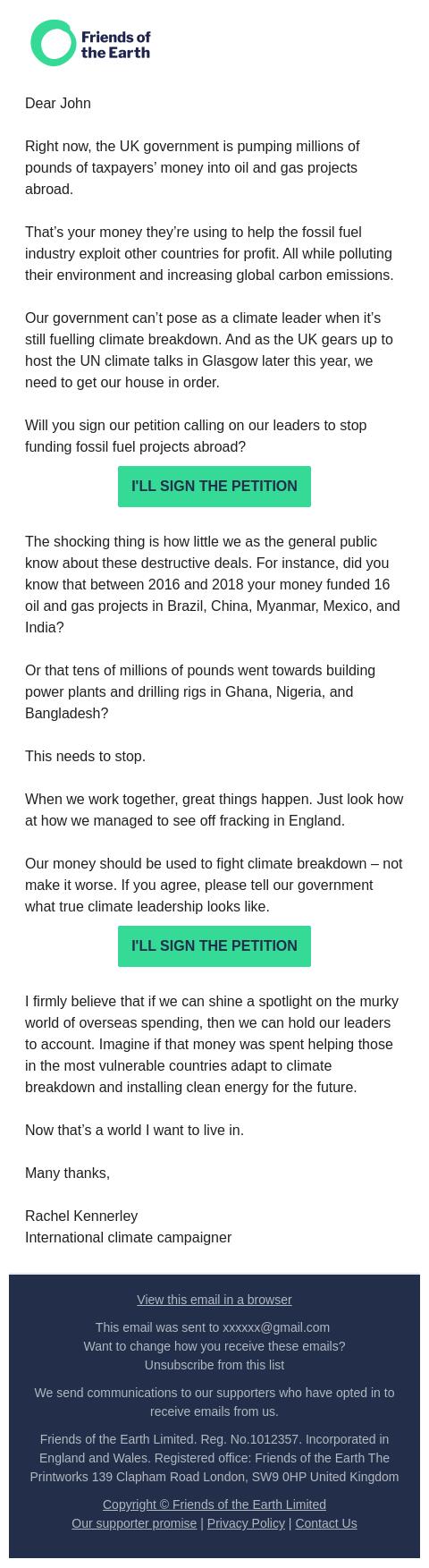 Screenshot of the email generated on import