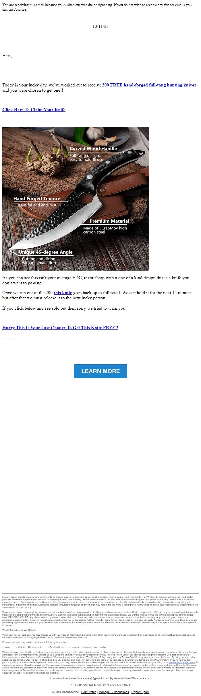 Screenshot of the email generated on import