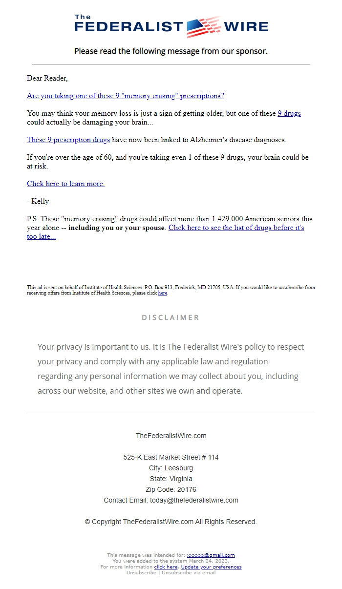 Screenshot of the email generated on import