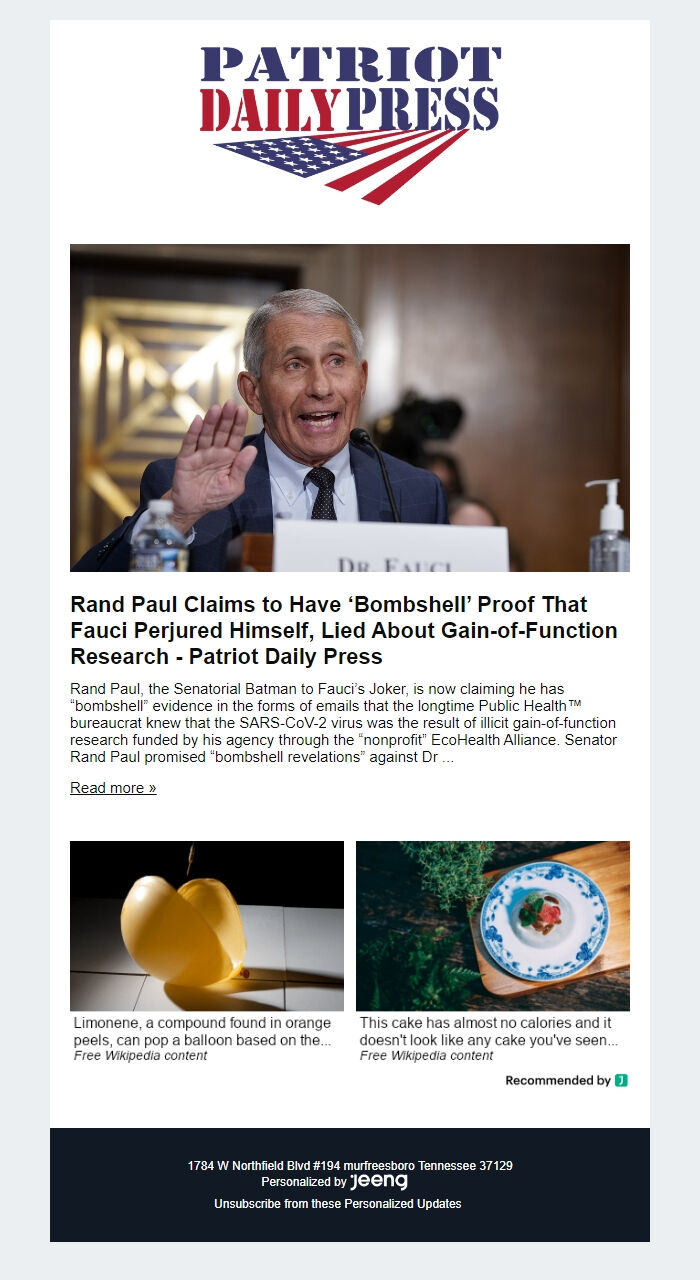 Screenshot of the email generated on import