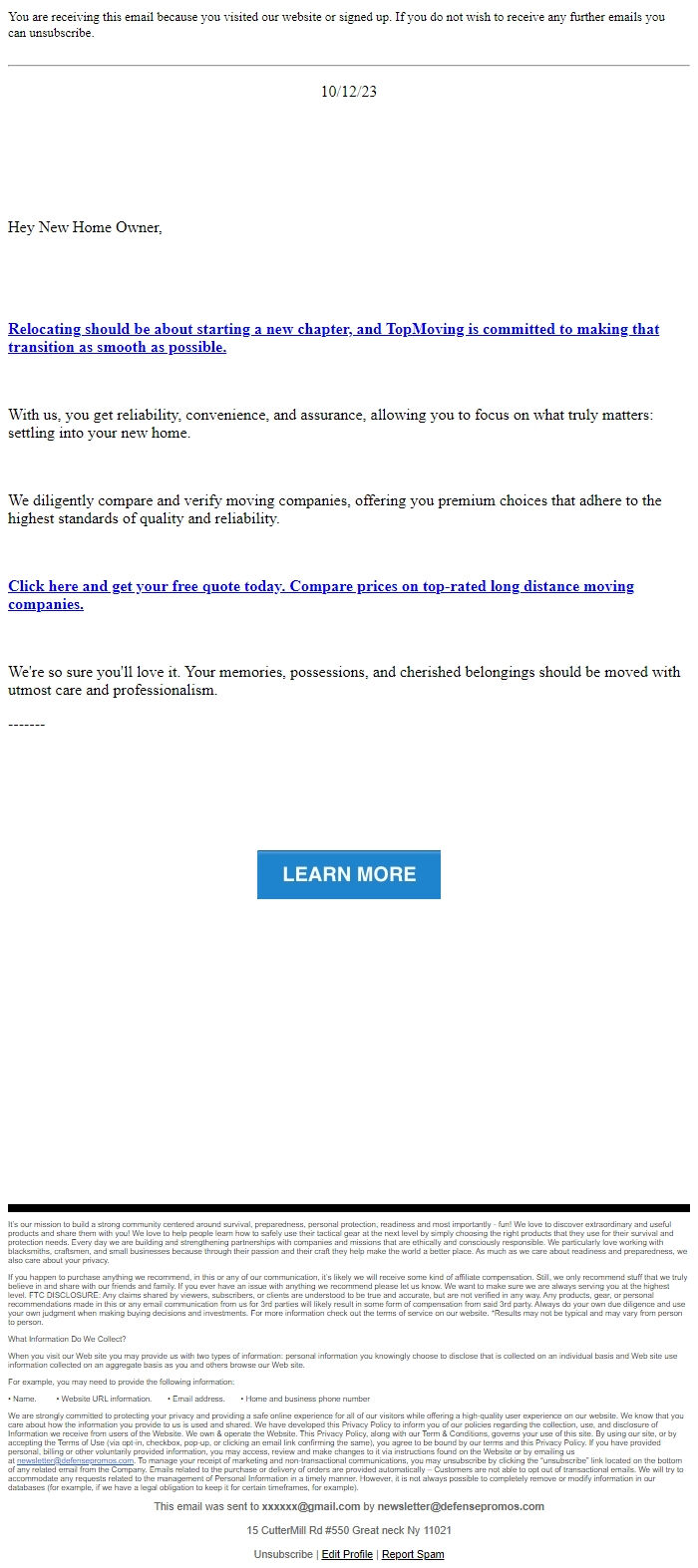 Screenshot of the email generated on import