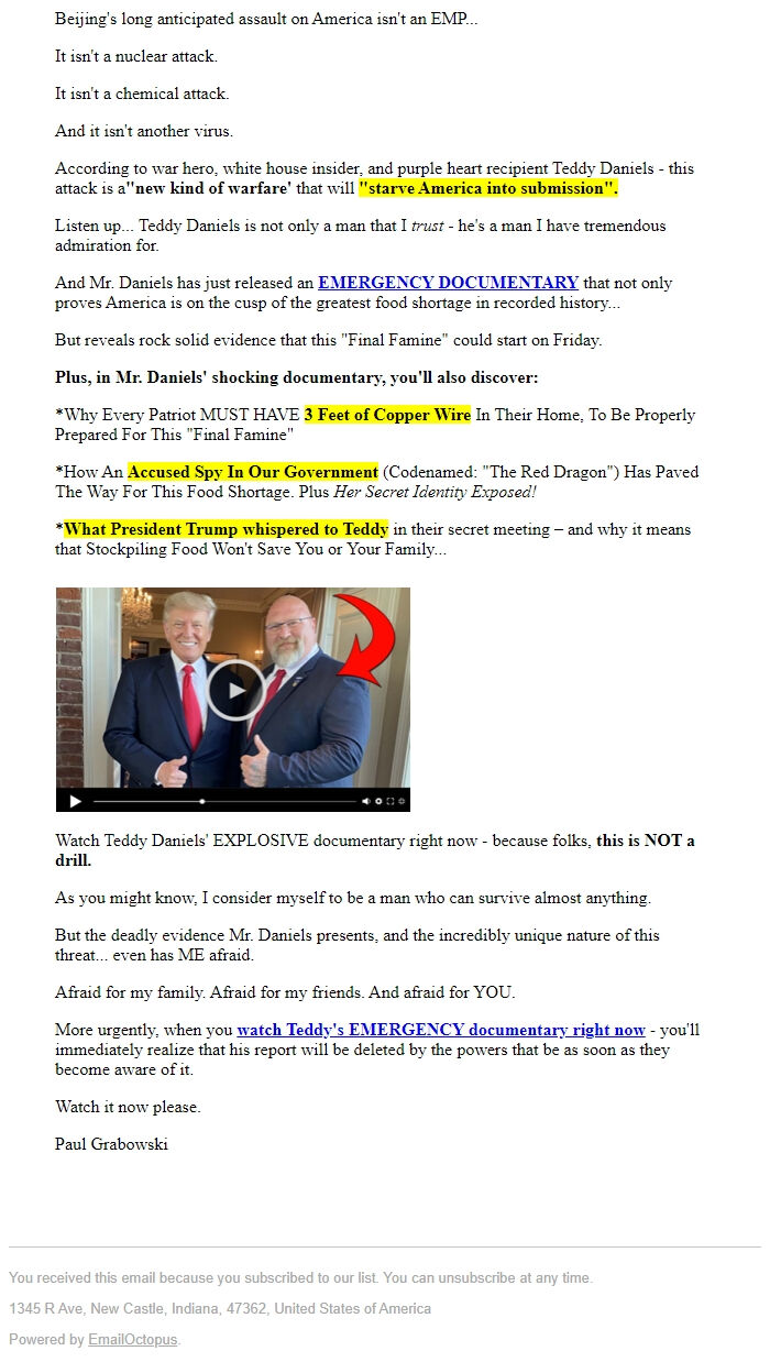 Screenshot of the email generated on import