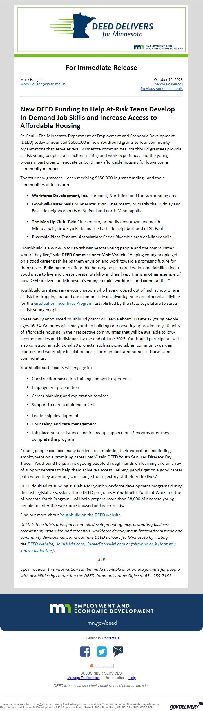 Screenshot of the email generated on import