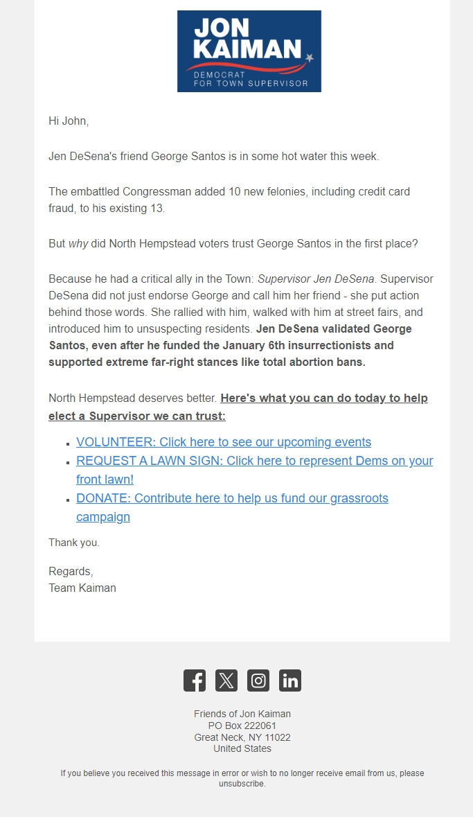 Screenshot of the email generated on import