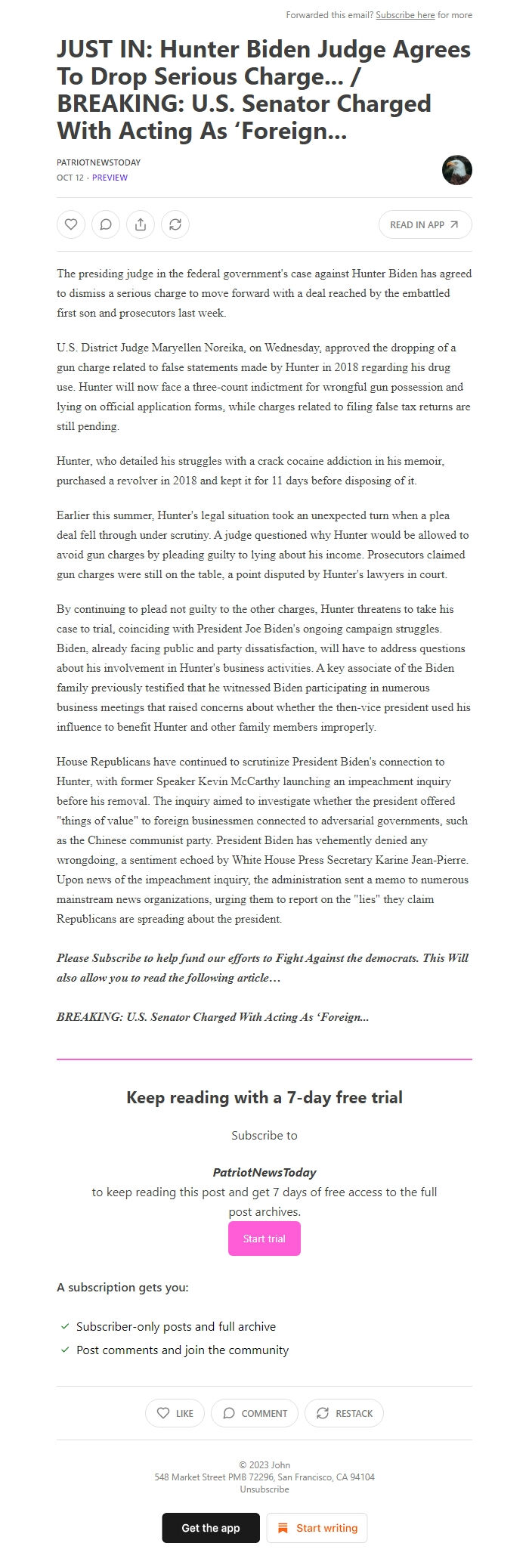 Screenshot of the email generated on import