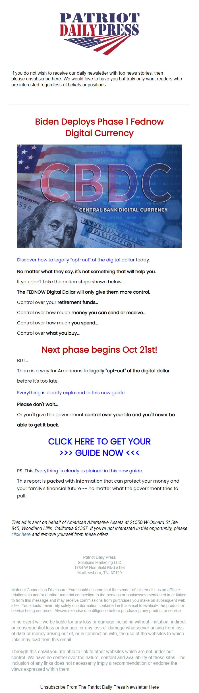 Screenshot of the email generated on import