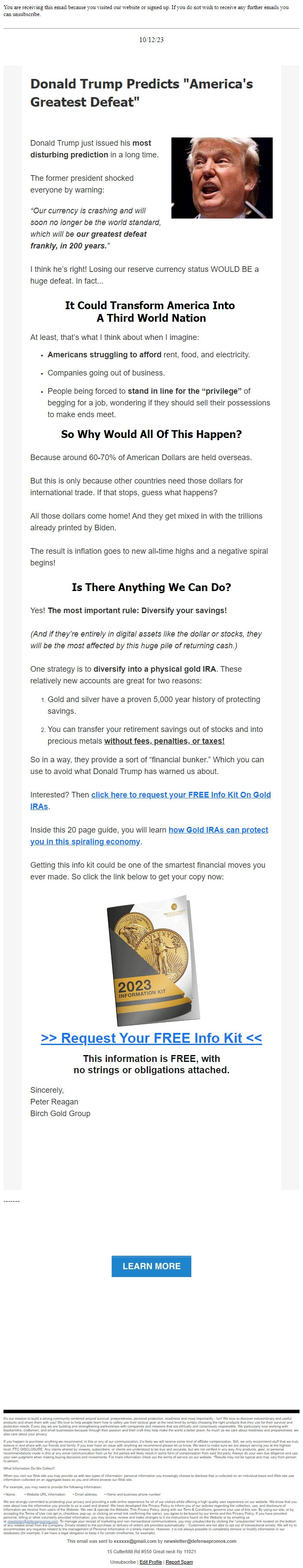 Screenshot of the email generated on import