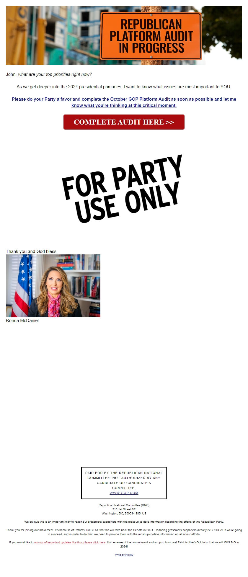 Screenshot of the email generated on import