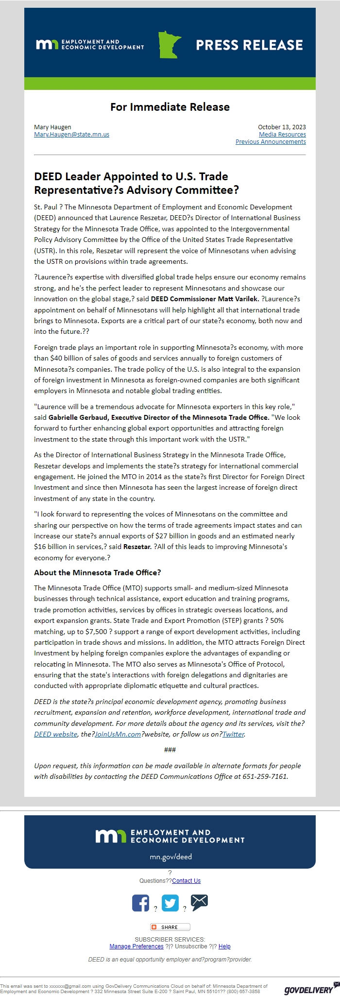 Screenshot of the email generated on import