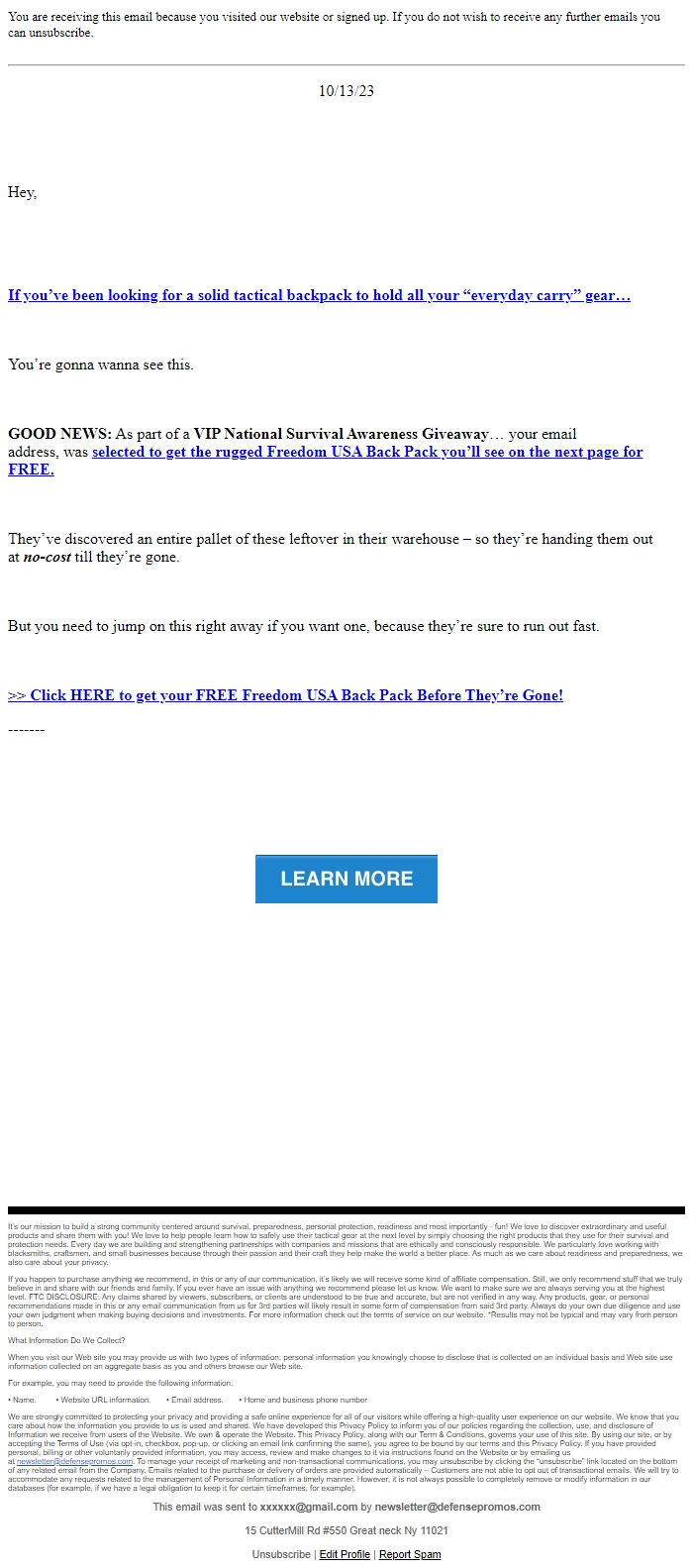 Screenshot of the email generated on import