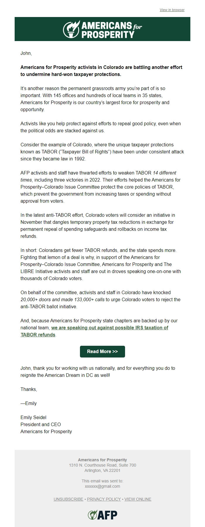 Screenshot of the email generated on import