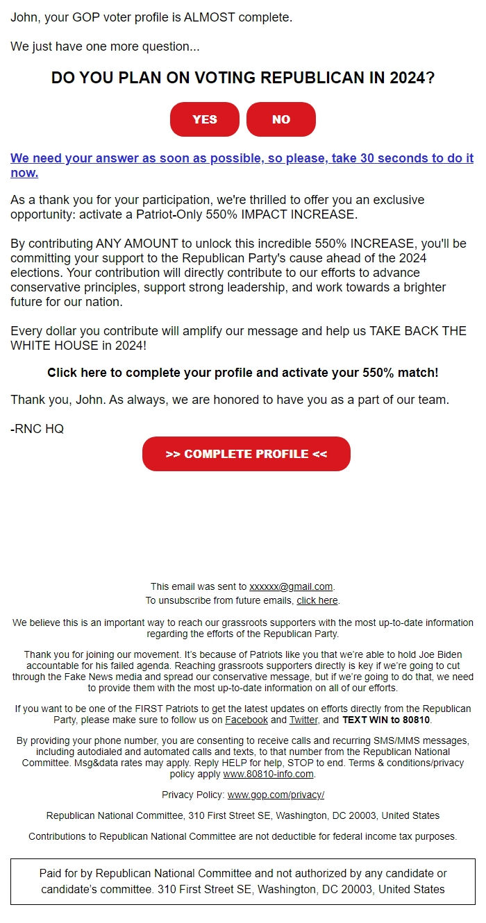 Screenshot of the email generated on import