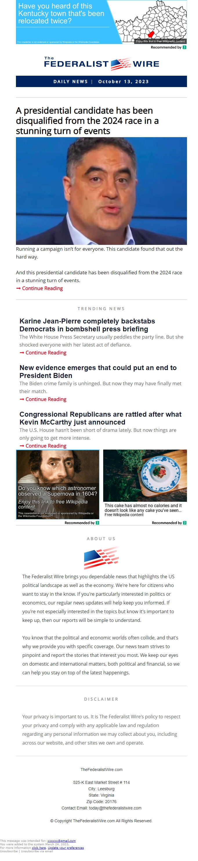 Screenshot of the email generated on import