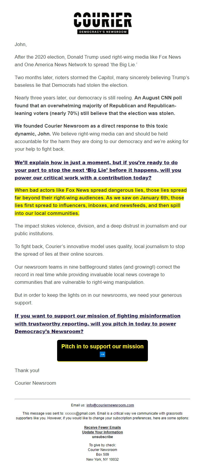 Screenshot of the email generated on import