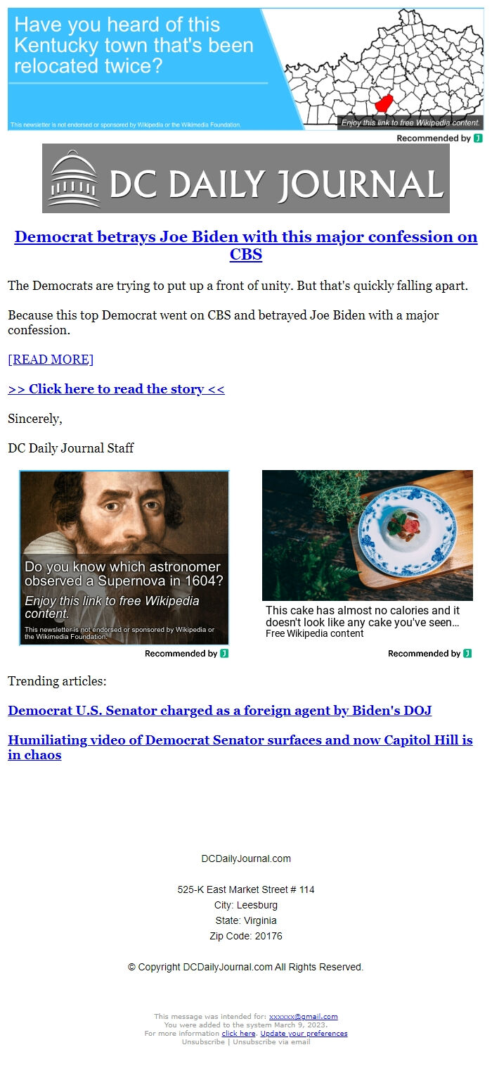 Screenshot of the email generated on import