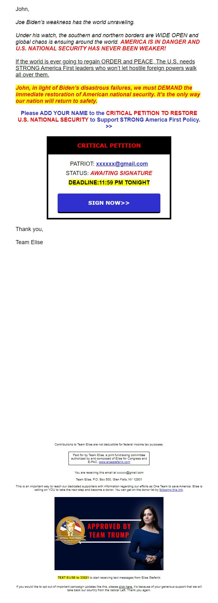 Screenshot of the email generated on import