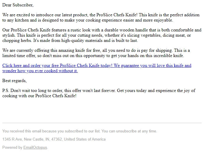 Screenshot of the email generated on import