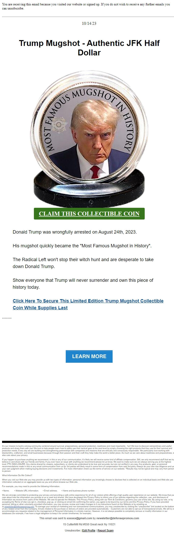 Screenshot of the email generated on import