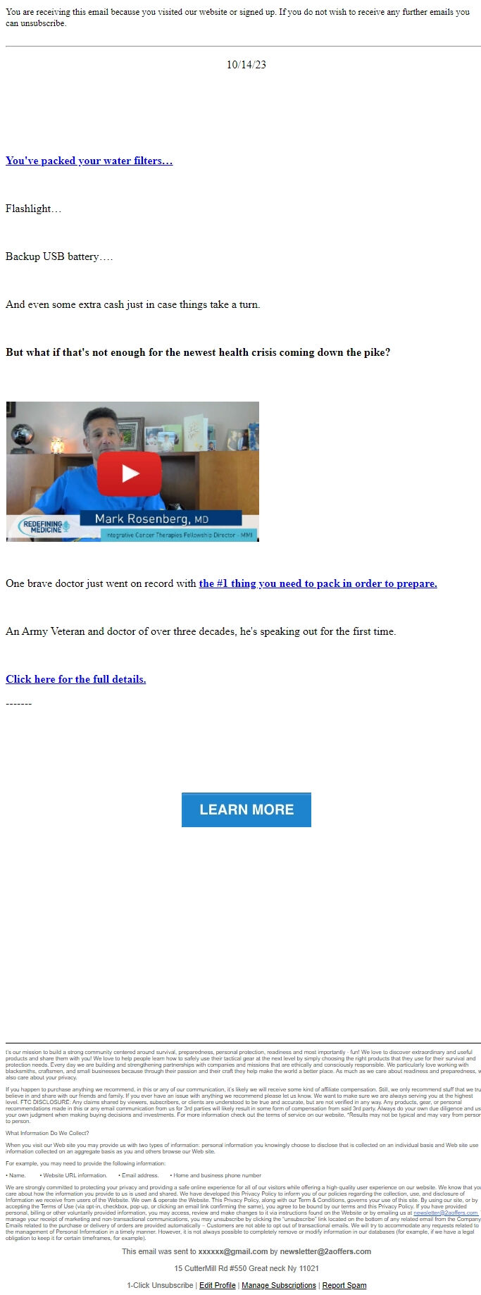 Screenshot of the email generated on import