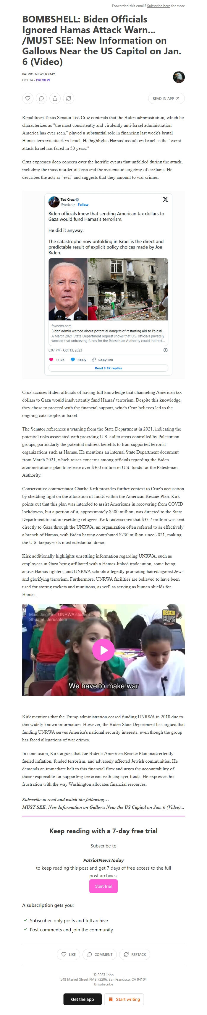 Screenshot of the email generated on import