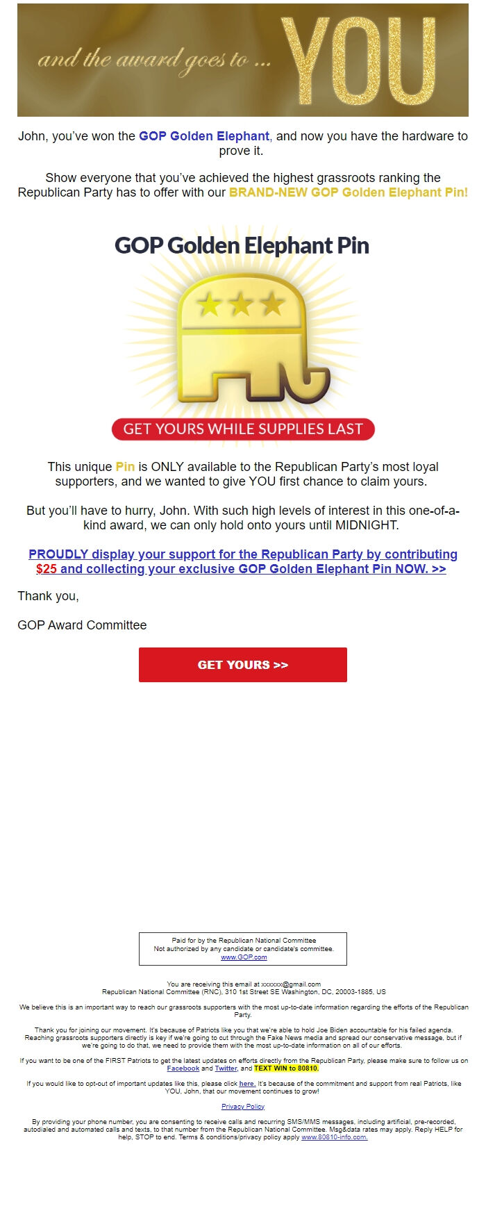 Screenshot of the email generated on import