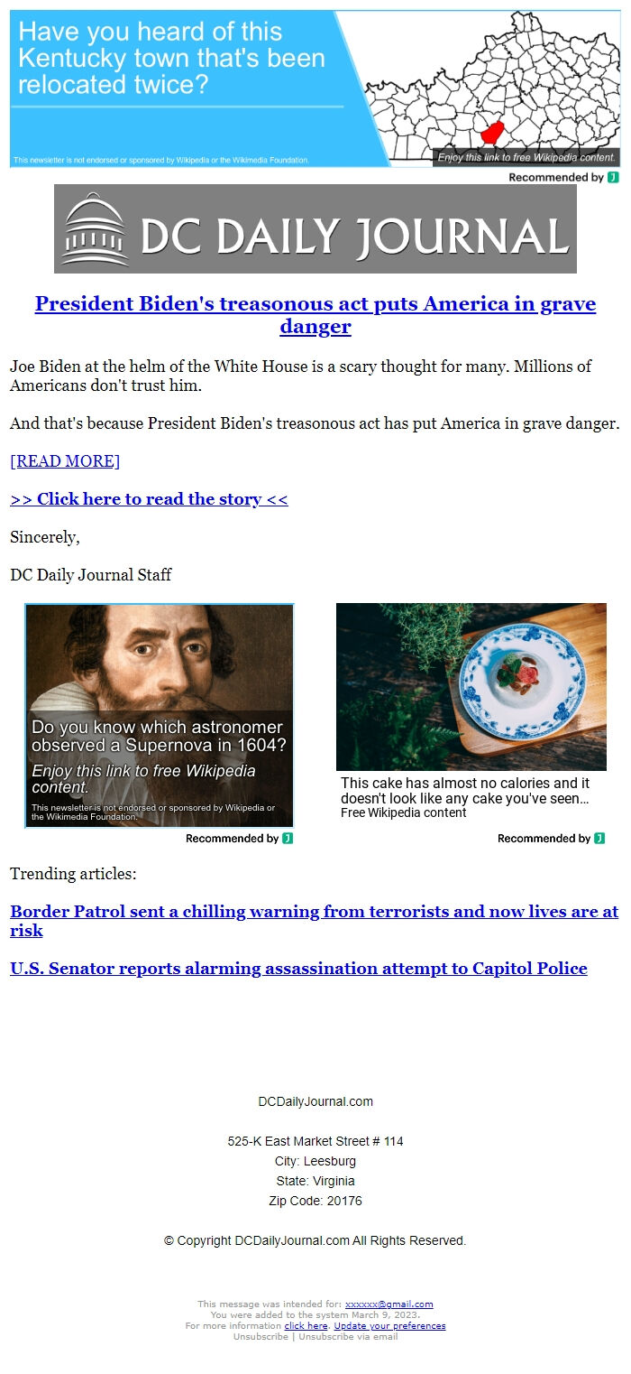 Screenshot of the email generated on import