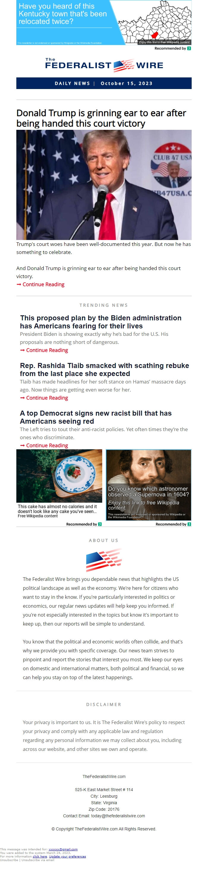 Screenshot of the email generated on import